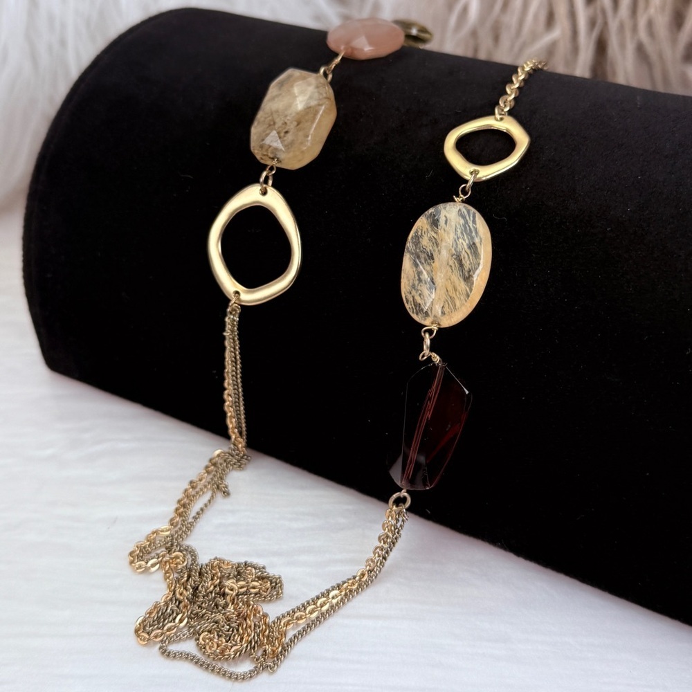 Goldtone multi stone long layering necklace